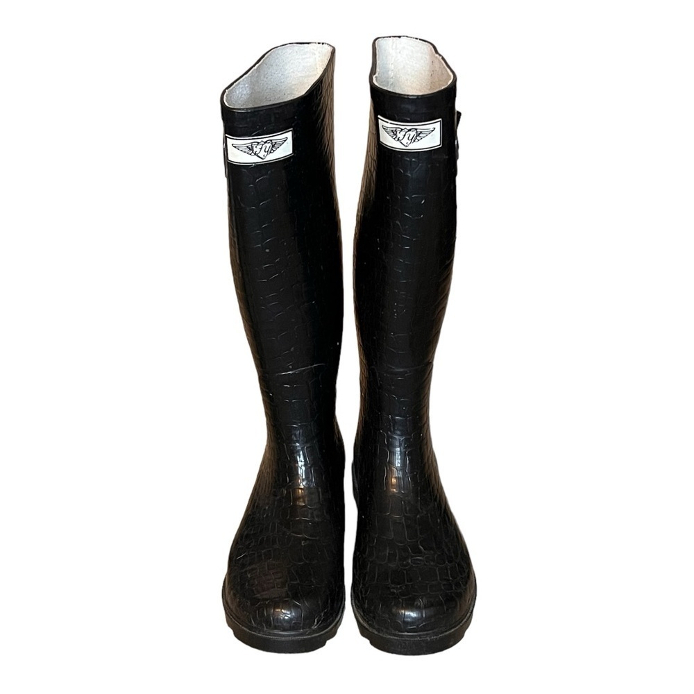 Forever Young Sz 7 Black Croc Embossed Tall Rubber Rain Boots Buckle Waterproof